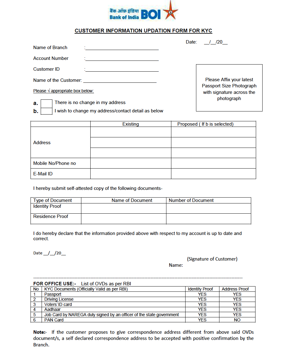 Bank of India KYC Form